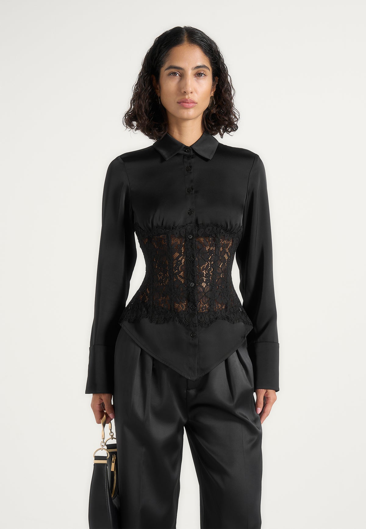 Ethel - Satin Shirt With Lace Corset Panel - Black