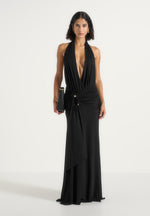 Ida - Plunge Halter Draped Hardware Maxi Dress - Black