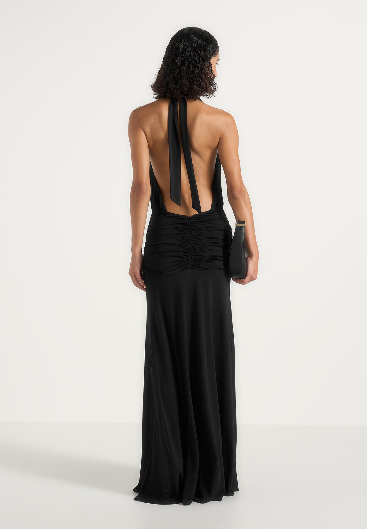 Ida - Plunge Halter Draped Hardware Maxi Dress - Black