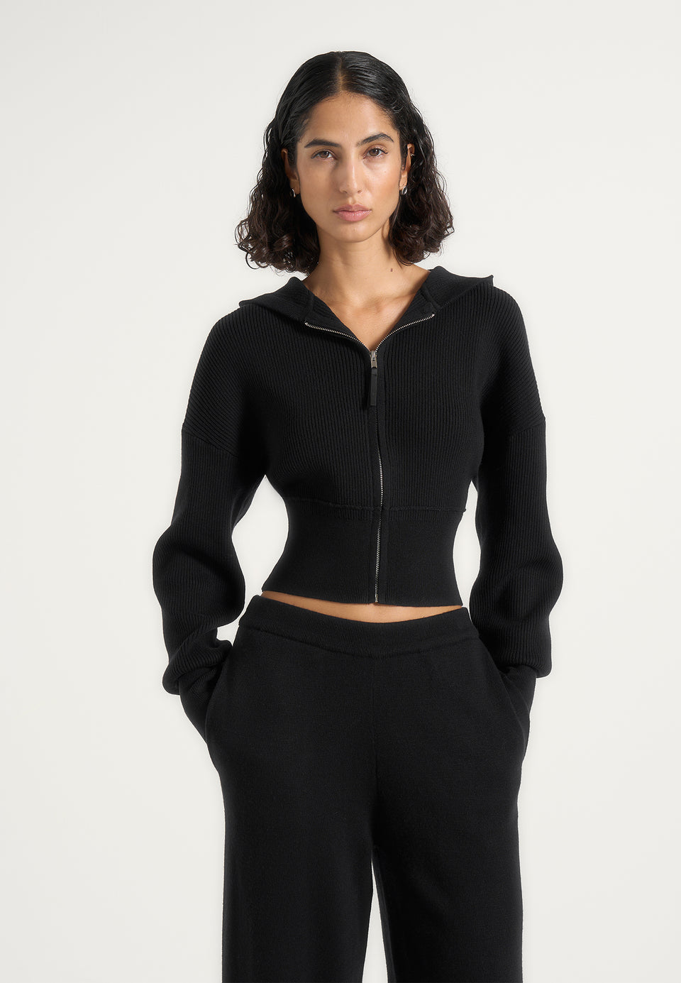 Lexie - Cropped Knit Zip Hoodie - Black