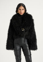 Nola - Mongolian Fur Shawl Jacket with Leather Belt - Black