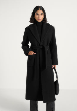 Jena - Wide Shoulder Wool Coat with Cinch Belt - Black