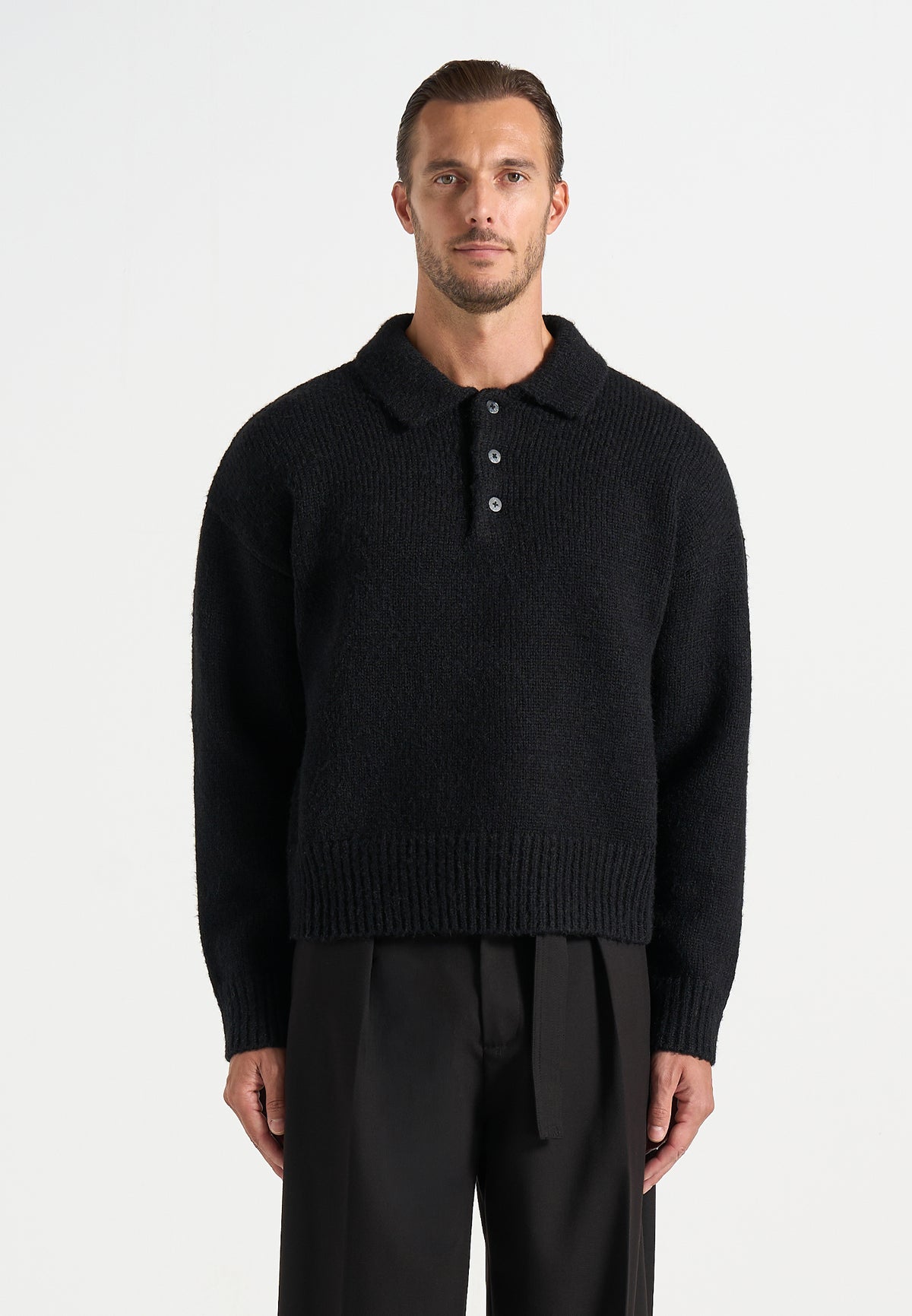 Finn - Brushed Wool-Blend Polo Knit Jumper - Black