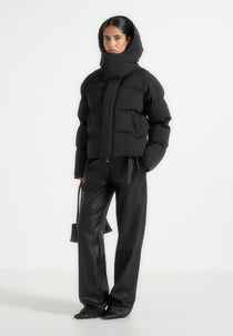 Bradley - Boxy Cropped Raglan Wrap Neck Puffer Jacket - Black