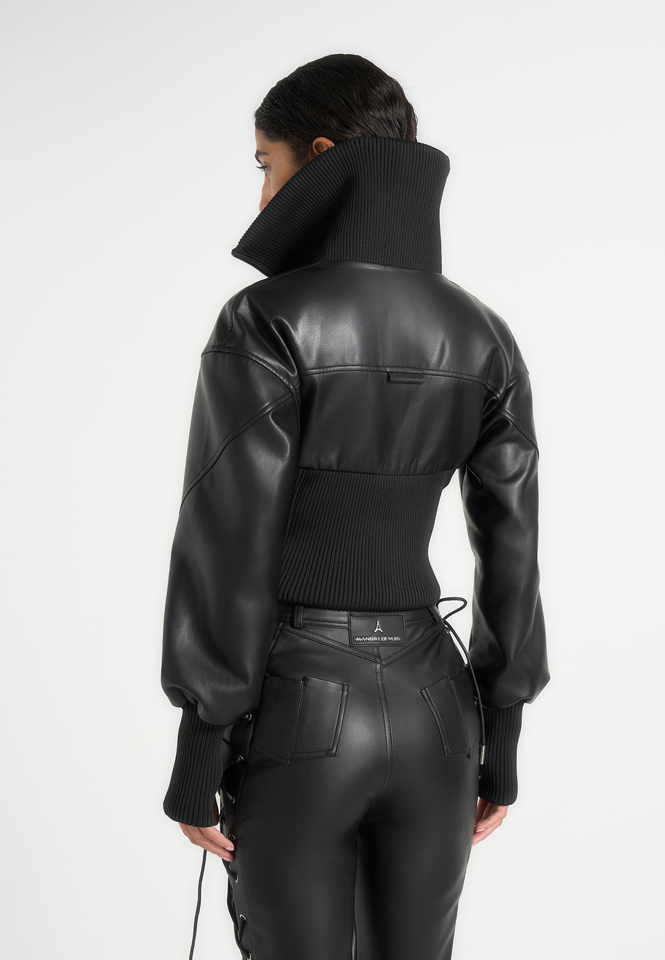 Amani - Leather Funnel Neck Contour Jacket - Black
