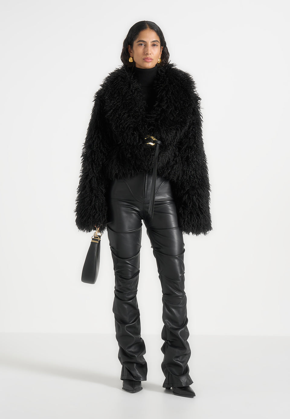 Nola - Mongolian Fur Shawl Jacket with Leather Belt - Black