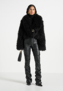 Nola - Mongolian Fur Shawl Jacket with Leather Belt - Black