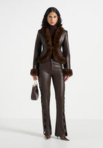 Lina - Sculpted Leather & Fur Trim Jacket - Brown