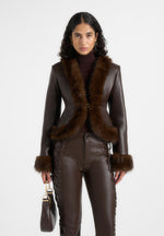 Lina - Sculpted Leather & Fur Trim Jacket - Brown