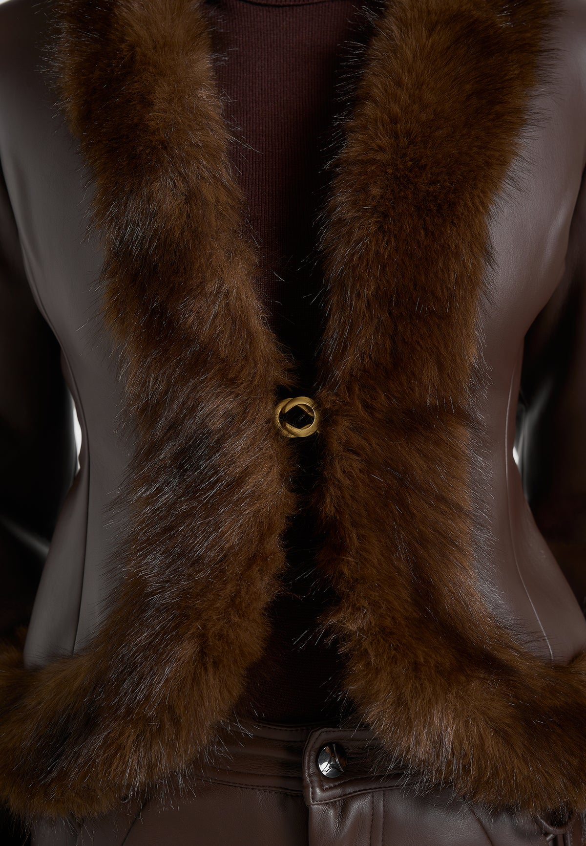 Lina - Sculpted Leather & Fur Trim Jacket - Brown