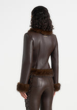 Lina - Sculpted Leather & Fur Trim Jacket - Brown