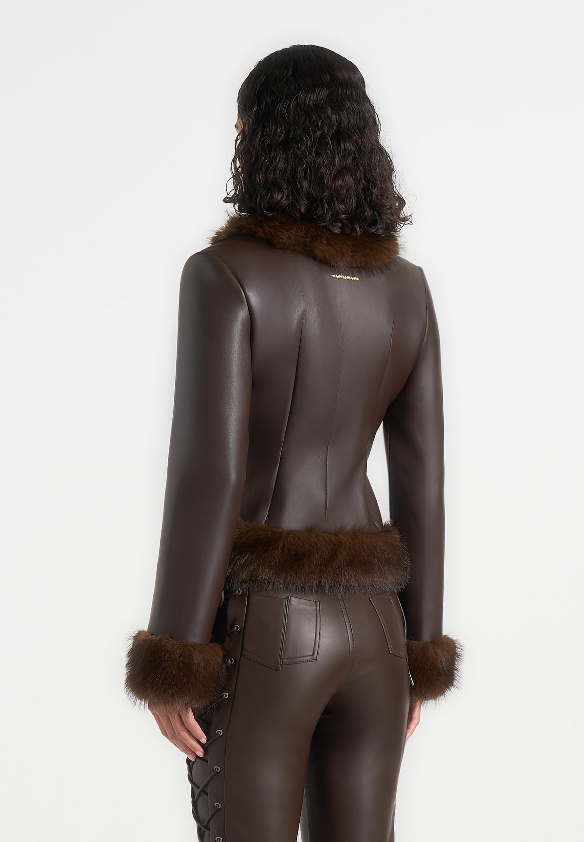 Lina - Sculpted Leather & Fur Trim Jacket - Brown