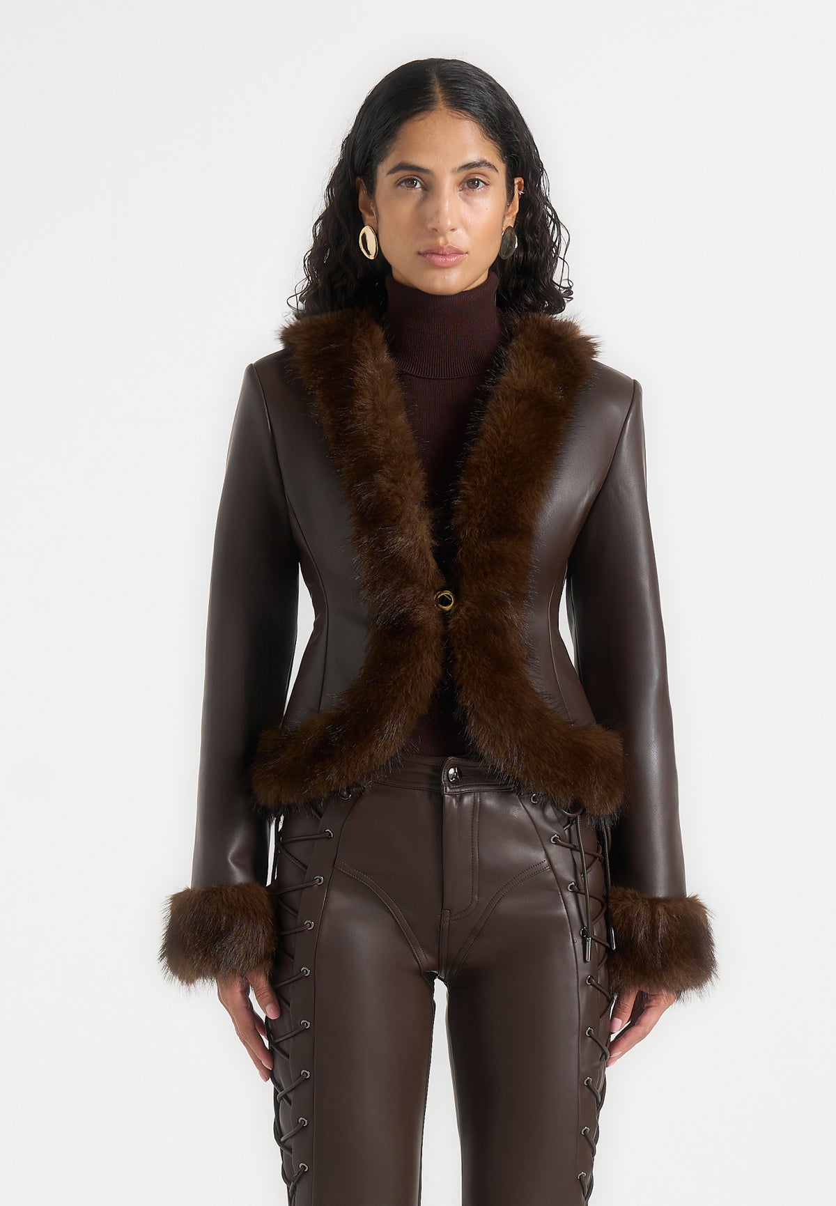 Lina - Sculpted Leather & Fur Trim Jacket - Brown