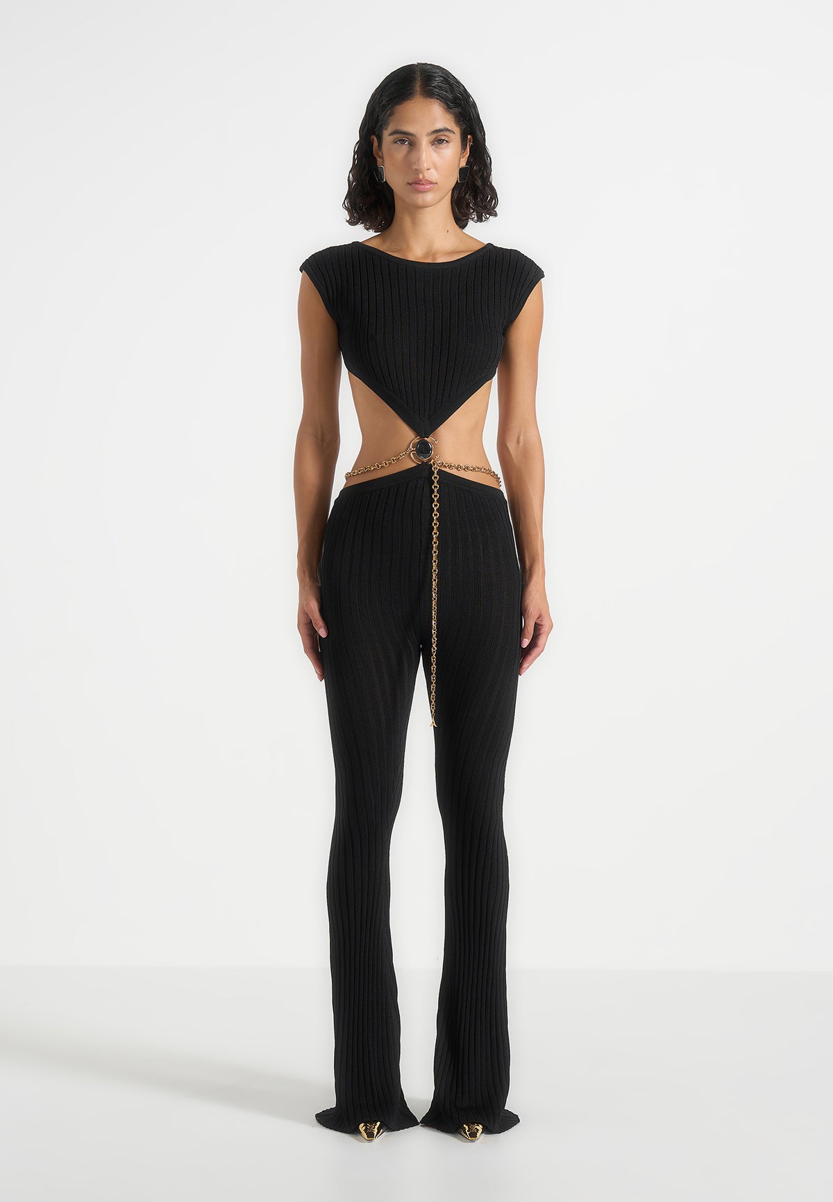 Beatrix - Backless Rib Knit Jumpsuit With Hardware Chain Belt - Black