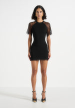 Nadia - Chantilly Lace Sleeve Mini Dress With Lace-Up Back - Black