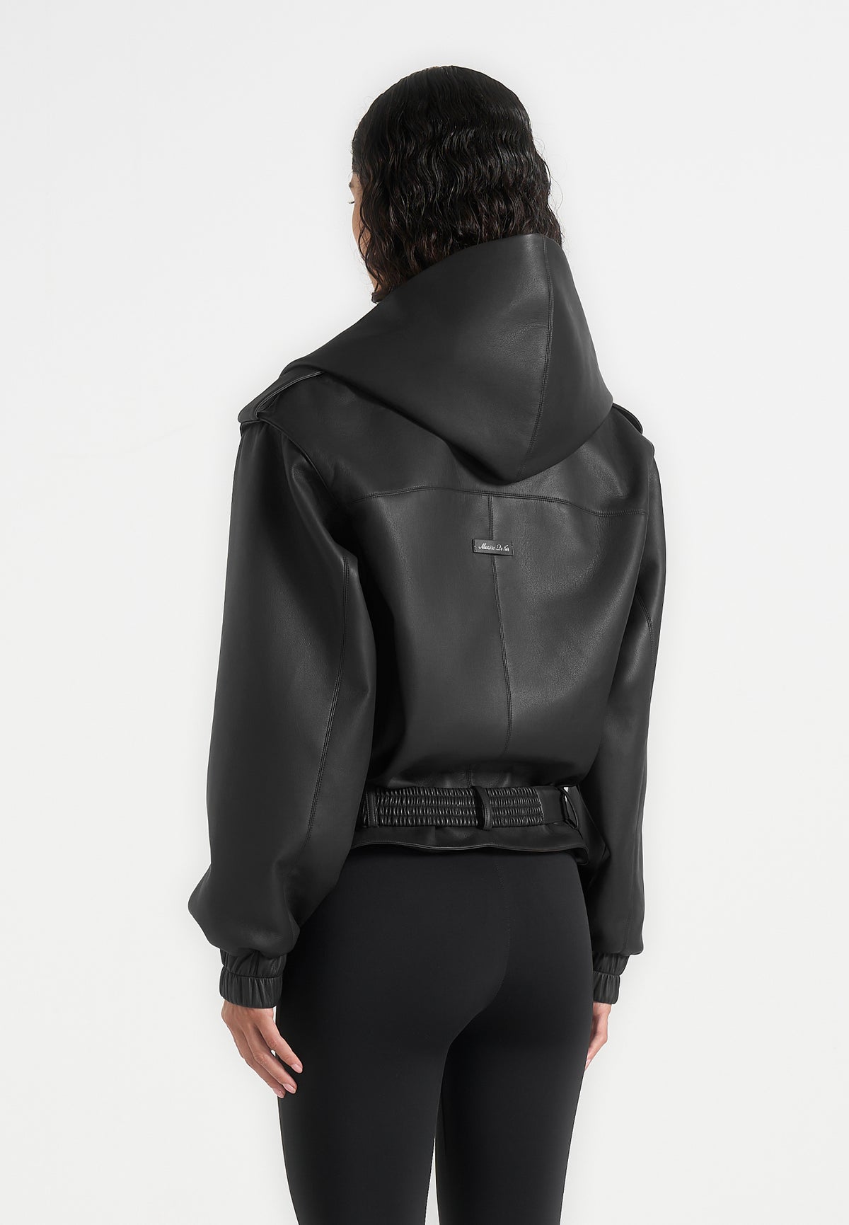 Tamsin - Hooded Cropped Leather Jacket With Belt - Black