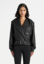 Tamsin - Hooded Cropped Leather Jacket With Belt - Black