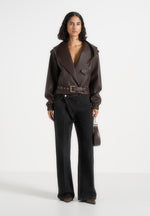 Tamsin - Hooded Cropped Leather Jacket With Belt - Brown