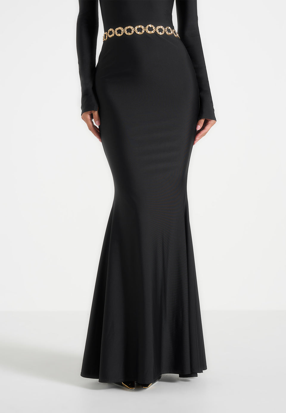 Angelica - High Neck Long Sleeve Maxi Dress With Chain Belt - Black
