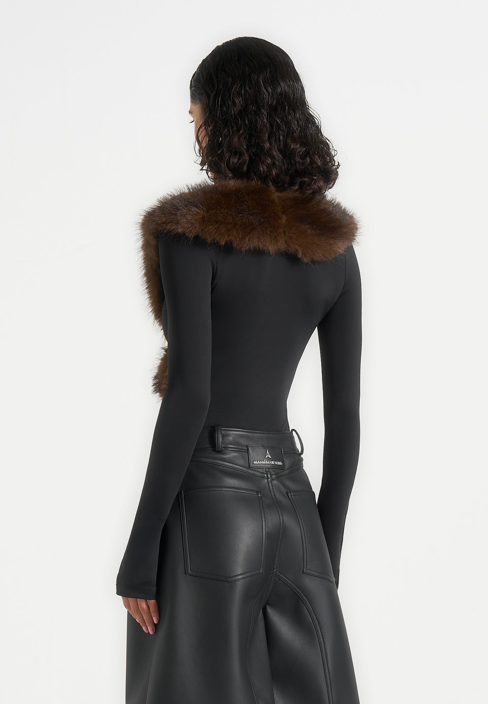 Libby - Fur Collar Long Sleeve Bodysuit - Black / Brown