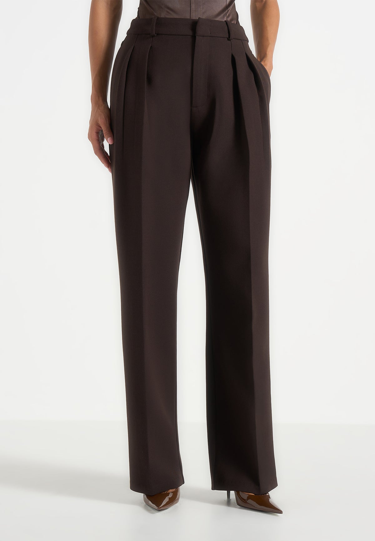 Julie - Tailored Twin Pleat Pants - Brown