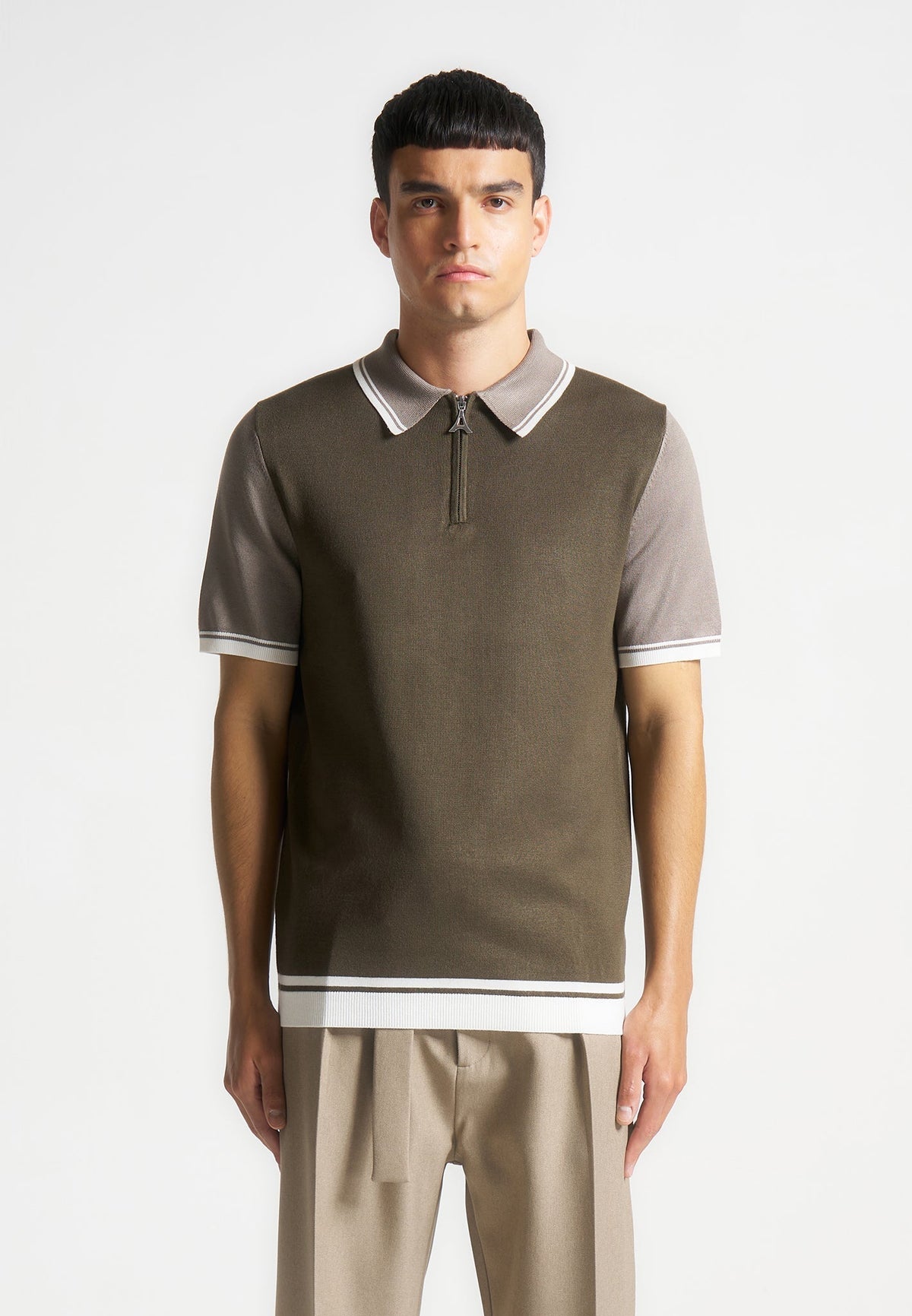 Cole - Colour Block Zip Polo Shirt - Khaki