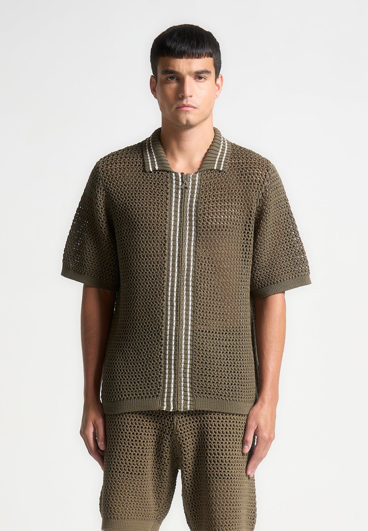 Crochet Knit Stripe Zip Shirt - Khaki