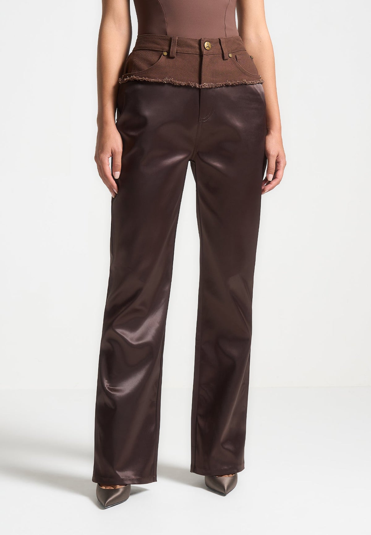 Distressed Drill & Satin Pants - Brown