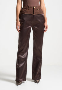 Distressed Drill & Satin Pants - Brown