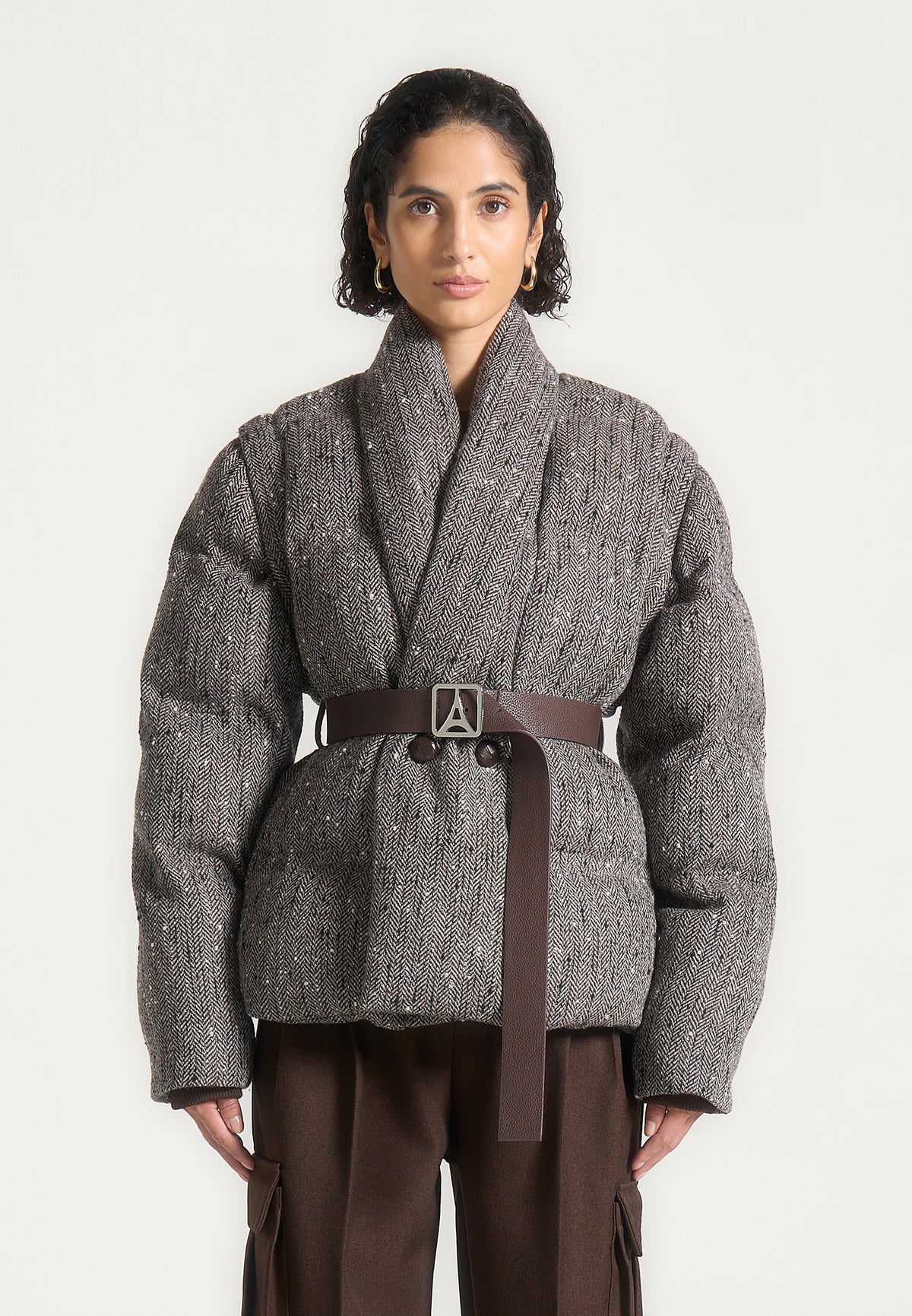 Taya - Herringbone Wool Wrap Belted Puffer Jacket - Brown