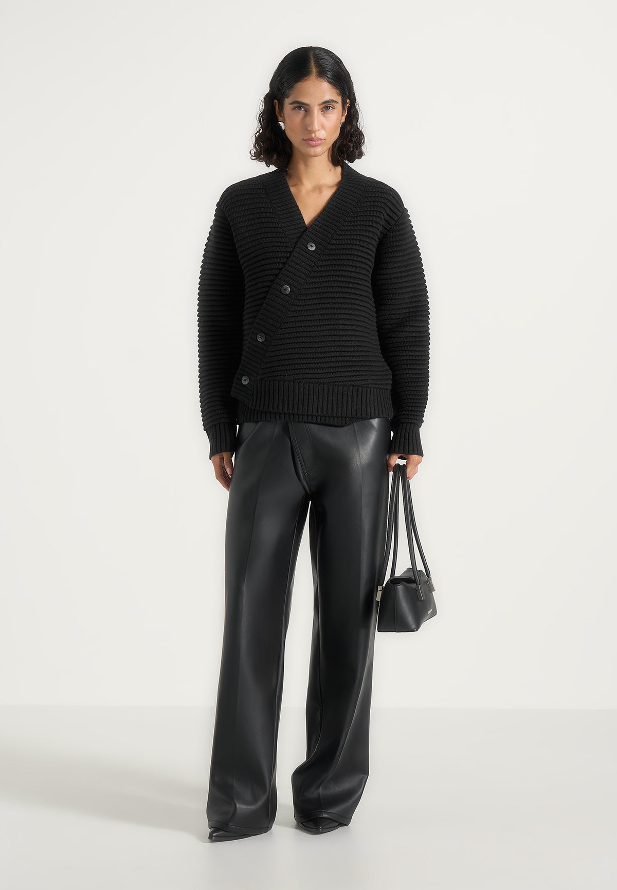 Dani - Asymmetric Brushed Wool-Blend Rib Knit Cardigan - Black