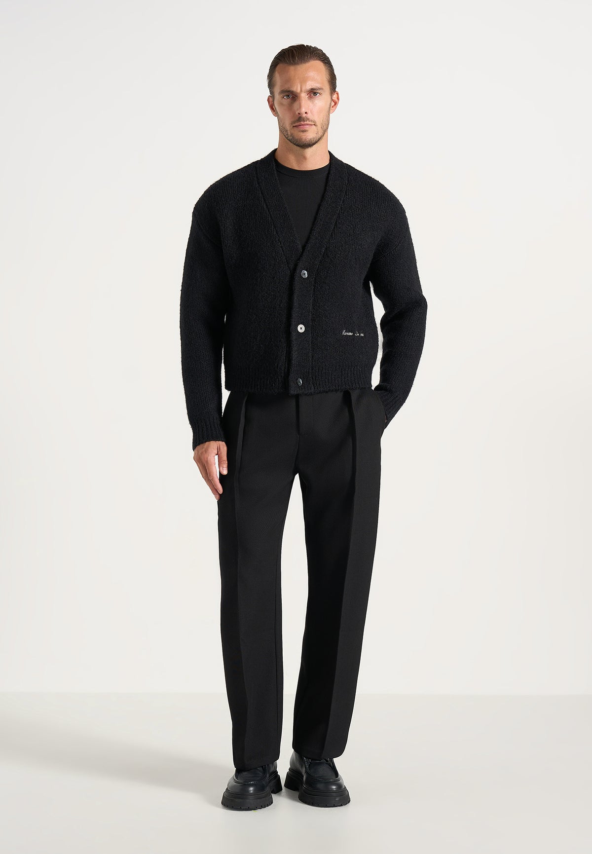 Charlie - Brushed Wool-Blend Knit Signature Cardigan - Black