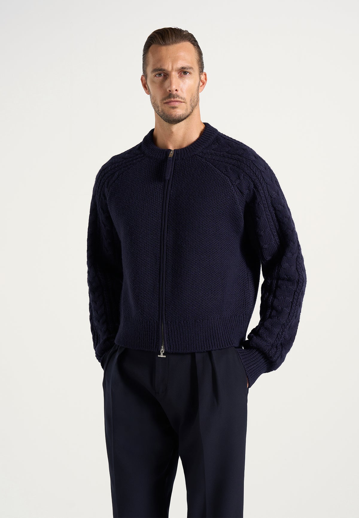 Gaby - Wool-Blend Cable Knit Raglan Cardigan - Navy