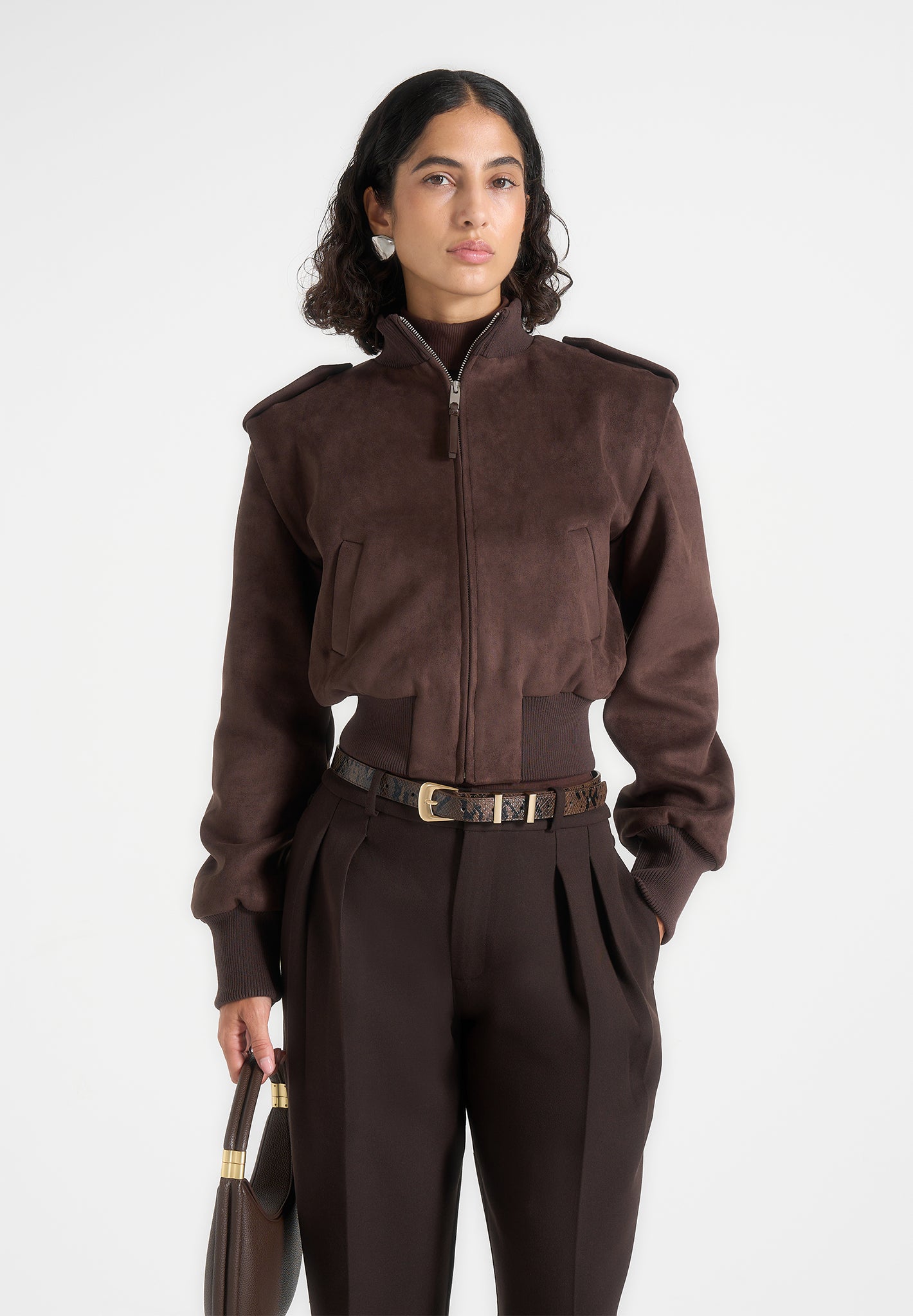 Delfina - Suede Layered-Shoulder Cropped Bomber Jacket - Brown