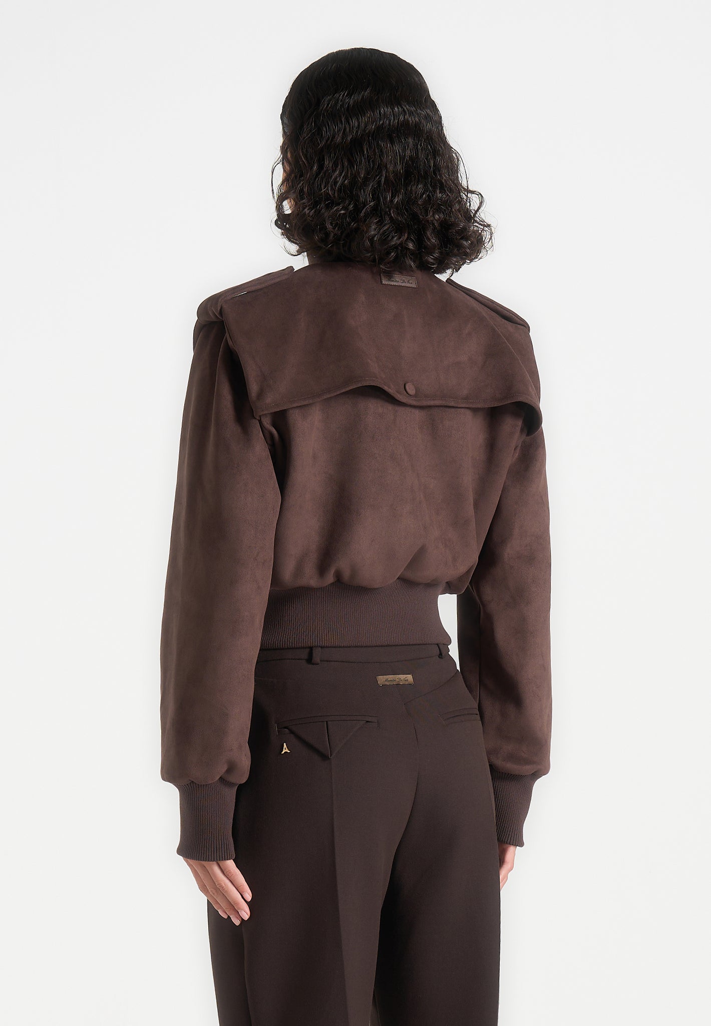 Delfina - Suede Layered-Shoulder Cropped Bomber Jacket - Brown