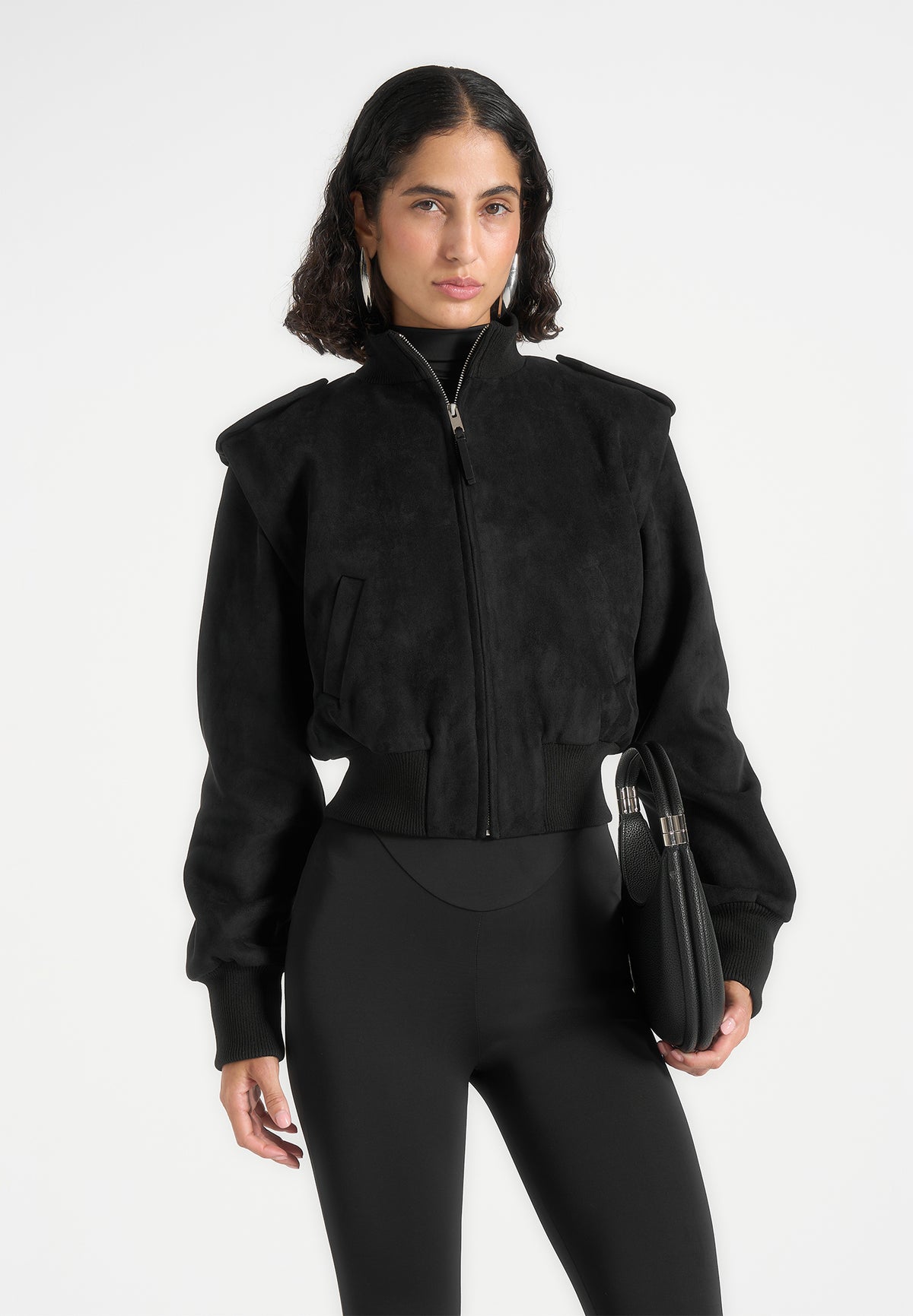 Delfina - Suede Layered-Shoulder Cropped Bomber Jacket - Black