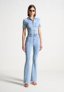 Violette - Mini Flared Denim Jumpsuit - Mid Blue