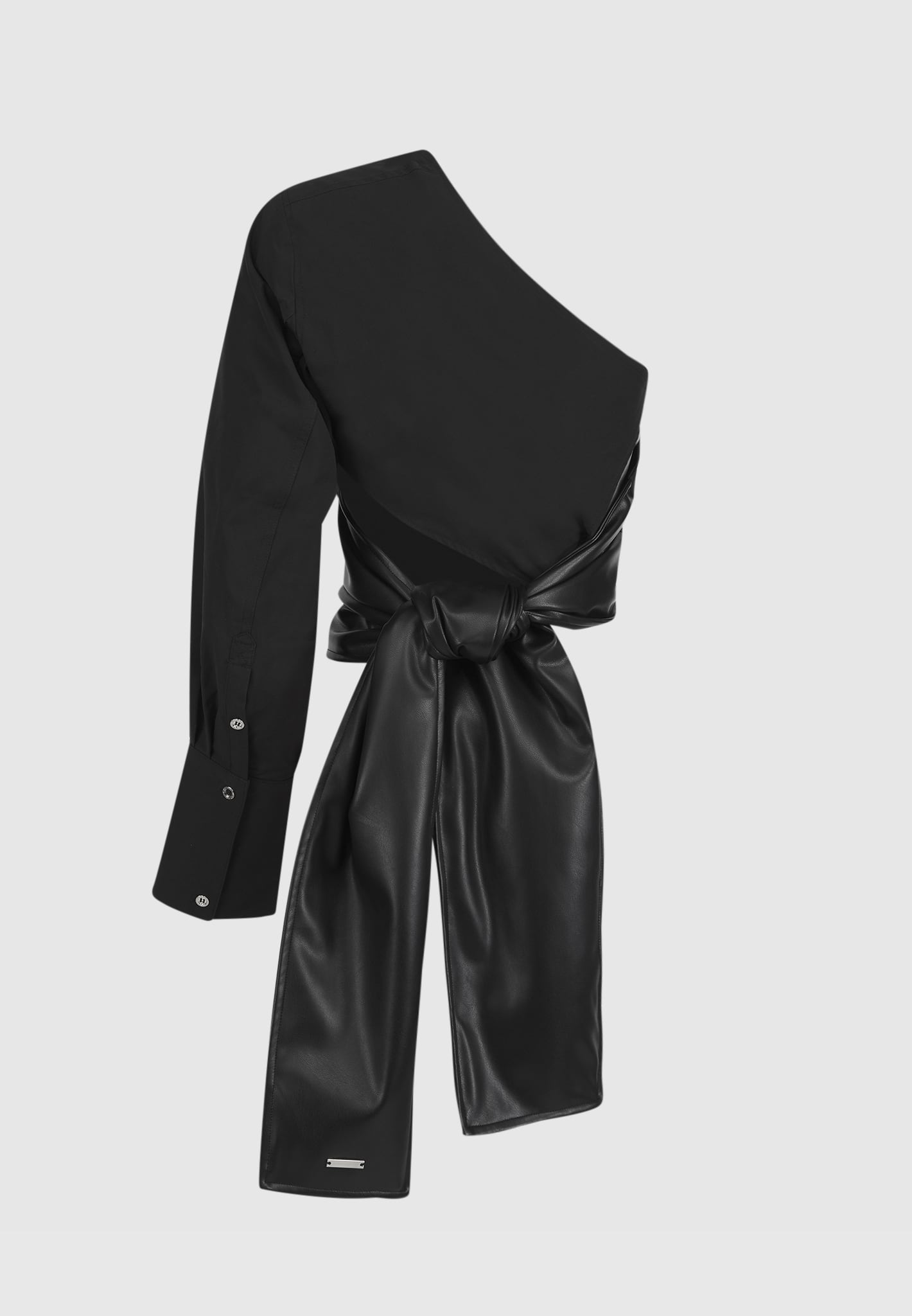 one-sleeve-vegan-leather-wrap-top-black