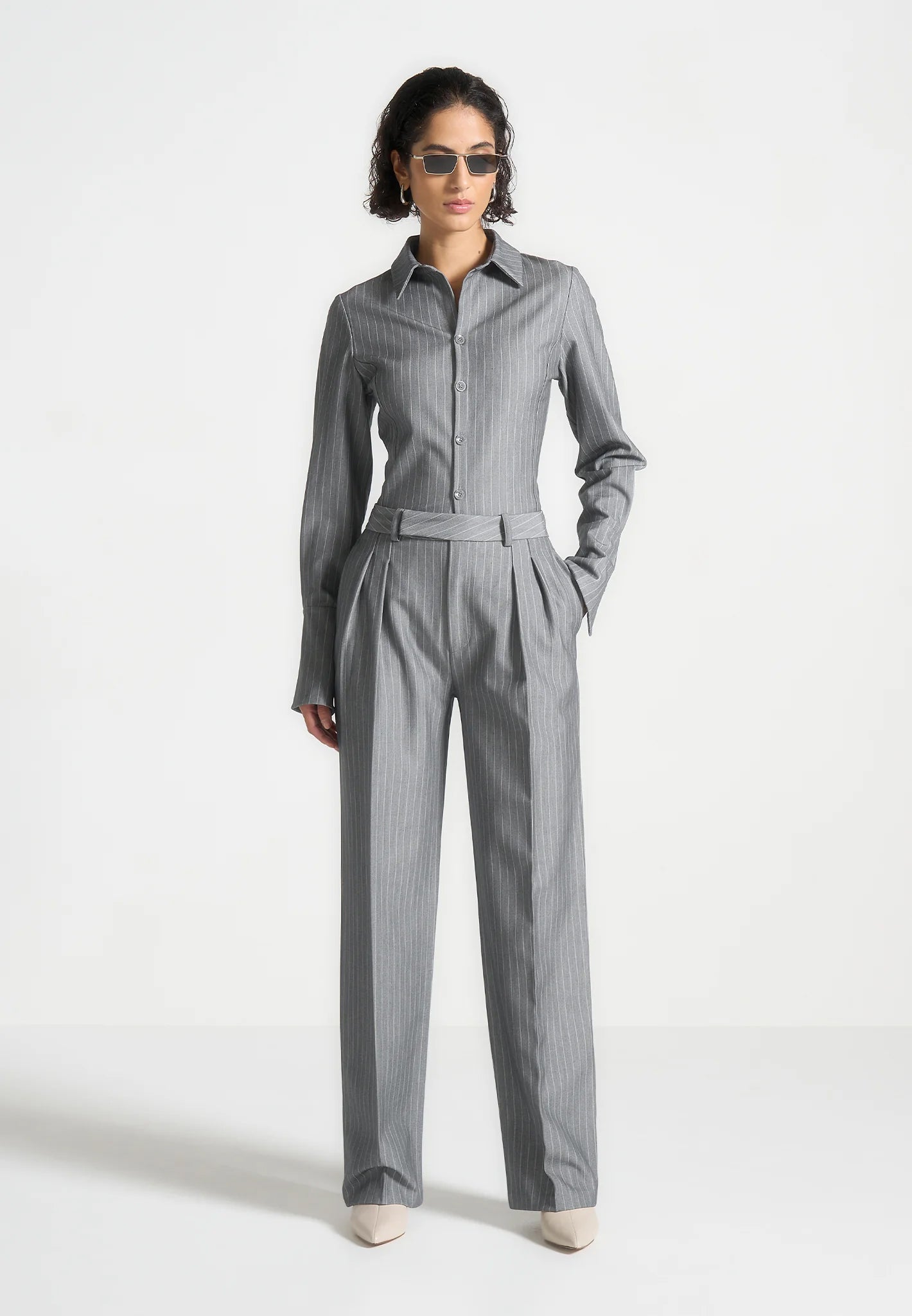Julie - Pinstripe Twin Pleat Tailored Trousers - Grey 