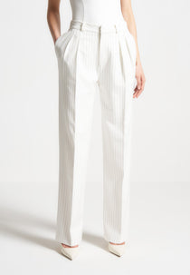 Julie - Pinstripe Twin Pleat Tailored Trousers - White