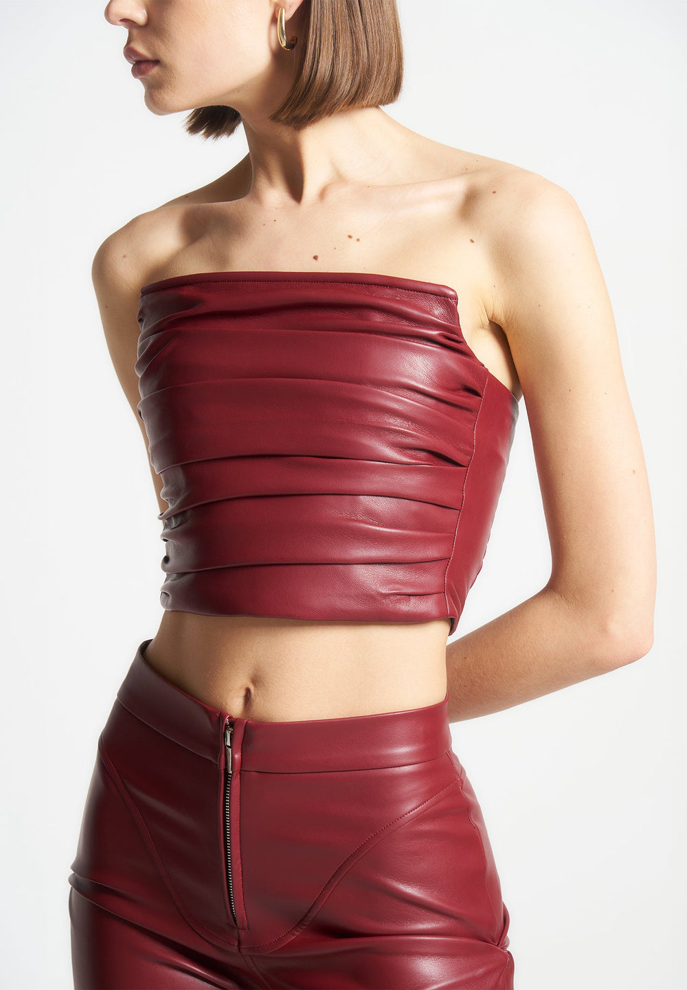 Pleated Bandeau Vegan Leather Corset Top - Wine Red