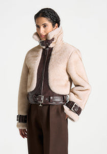 Deya - Plush & Leather Leather Belted Jacket - Beige/Brown