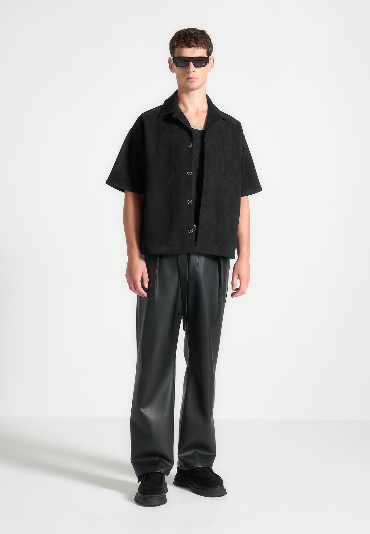 Serge - Relaxed Fit Leather Pleated Pants - Black