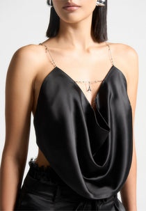 Satin Cowl Neck Top with Chain Detail - Black