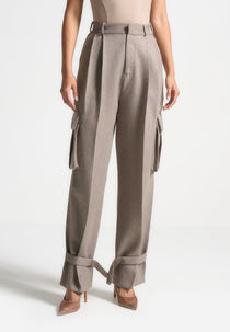Danielle - Textured Tailored Pleated Cargo Trousers - Taupe