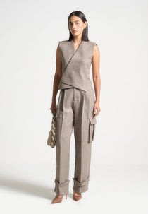 Laurence - Textured Tailored Wrap Waistcoat - Taupe