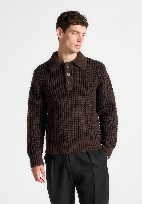 Textured Wool Knit Polo Jumper - Brown