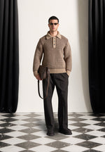 Textured Wool Knit Polo Jumper - Taupe