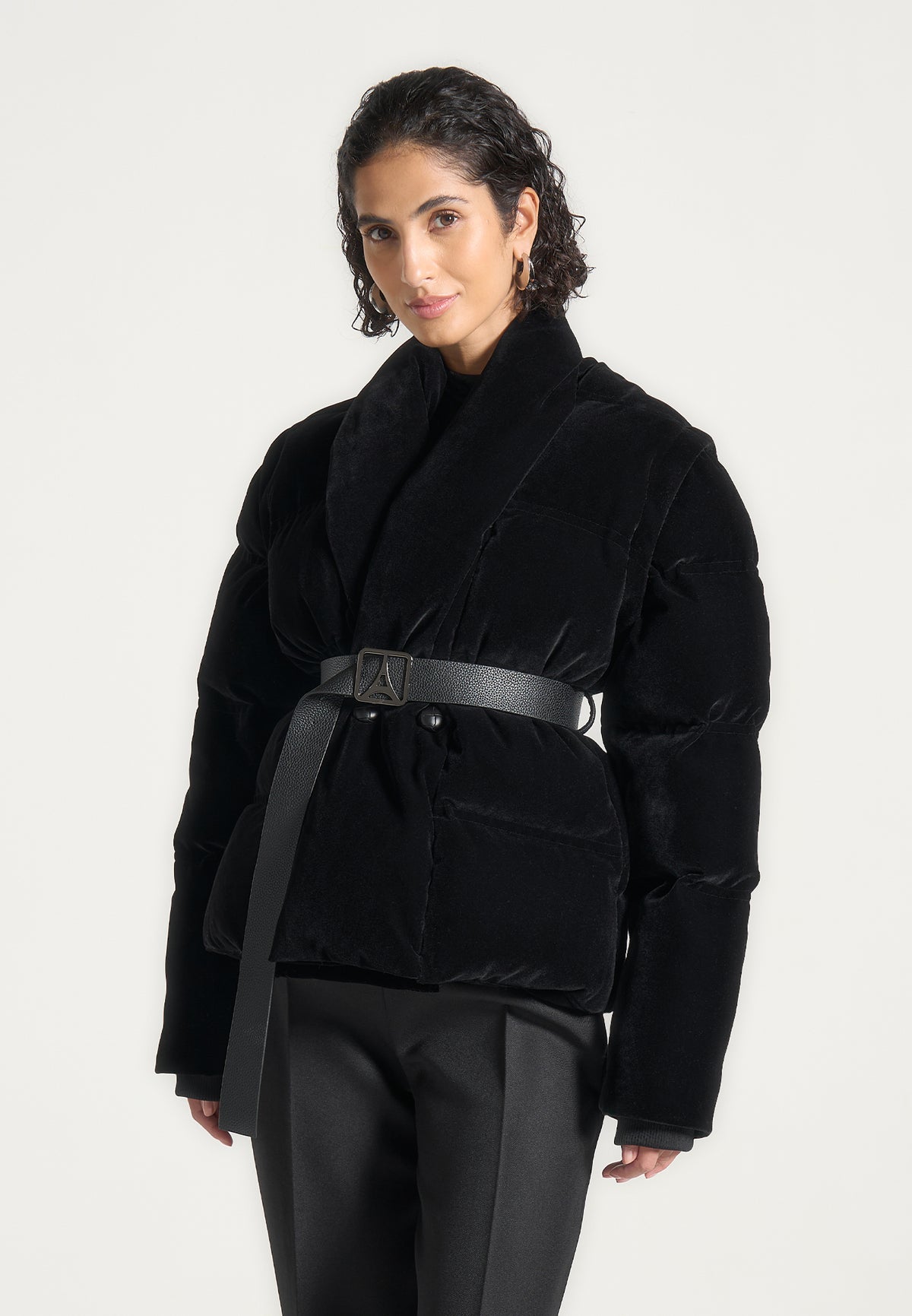 Taya - Velvet Wrap Belted Puffer Jacket - Black